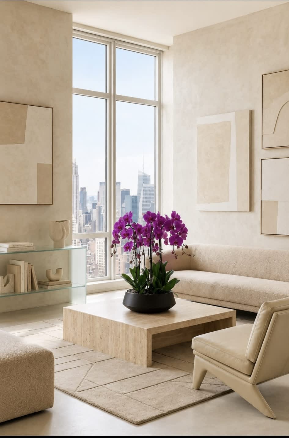 Potted purple orchids on a coffee table in a beige living room