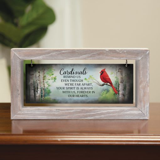 Framed cardinal memorial sign on a tabletop