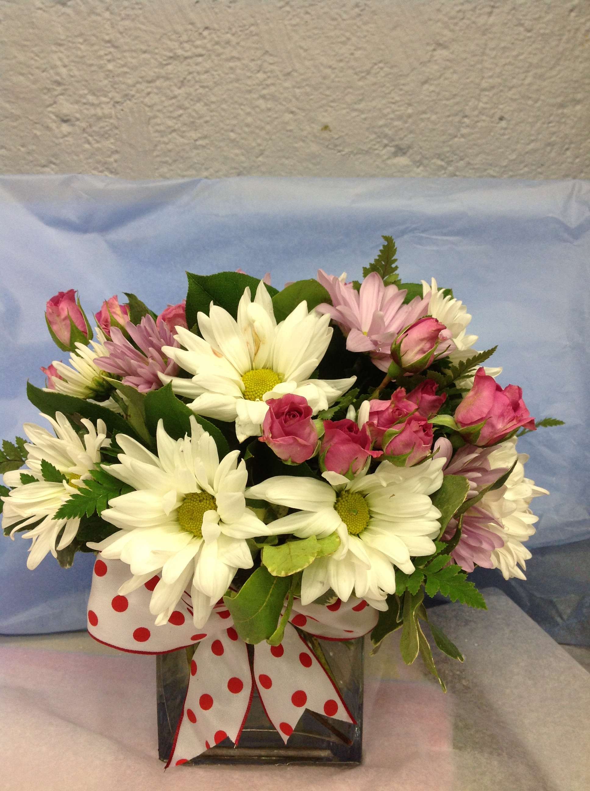 All about girl - Flowers Included:  Pink Spring Roses, Lavender Daisies, White Daisies,  Also Included: Cute Vase &amp; Greenery