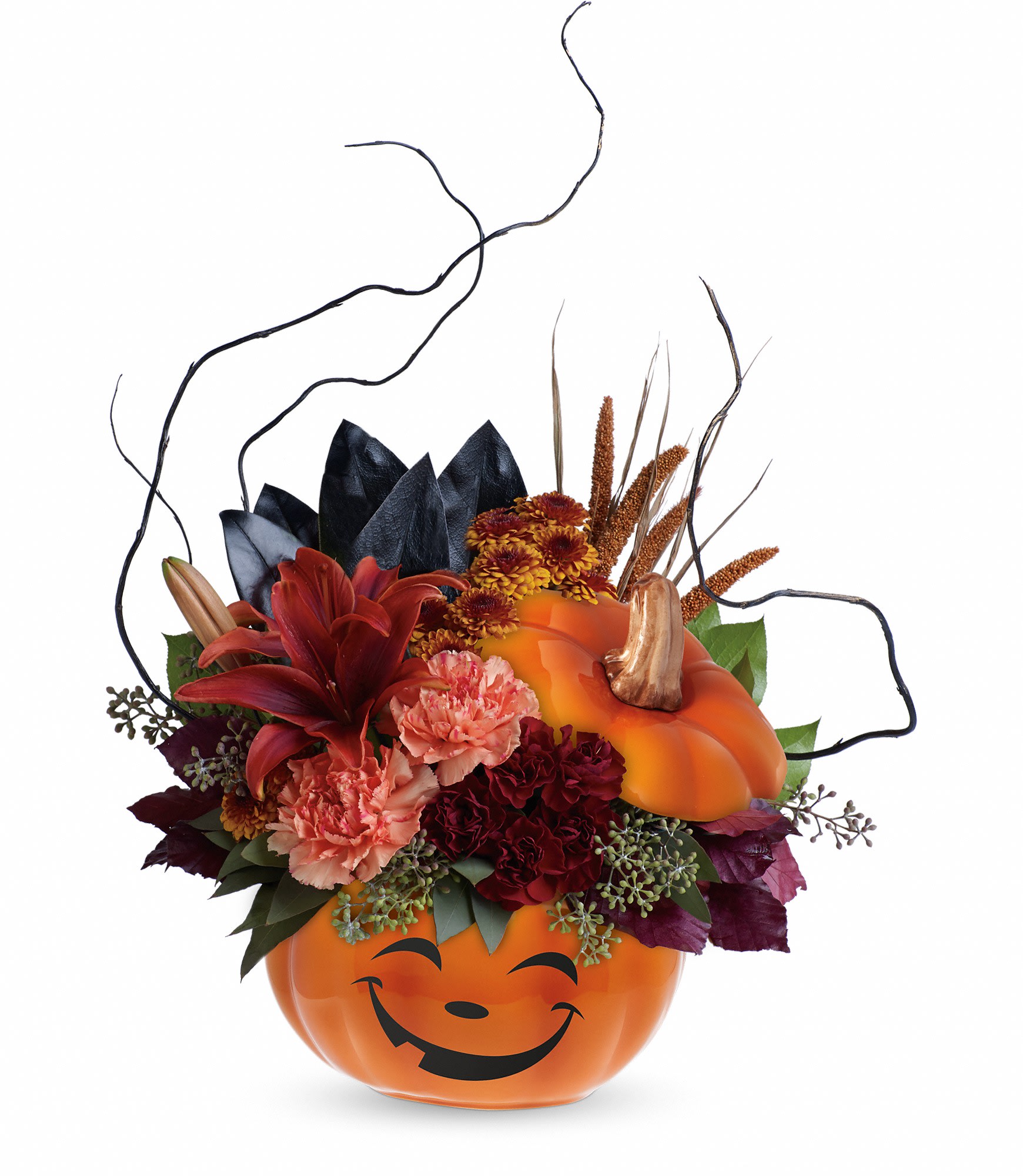 Pumpkin-shaped container with orange and burgundy flowers and curly branches