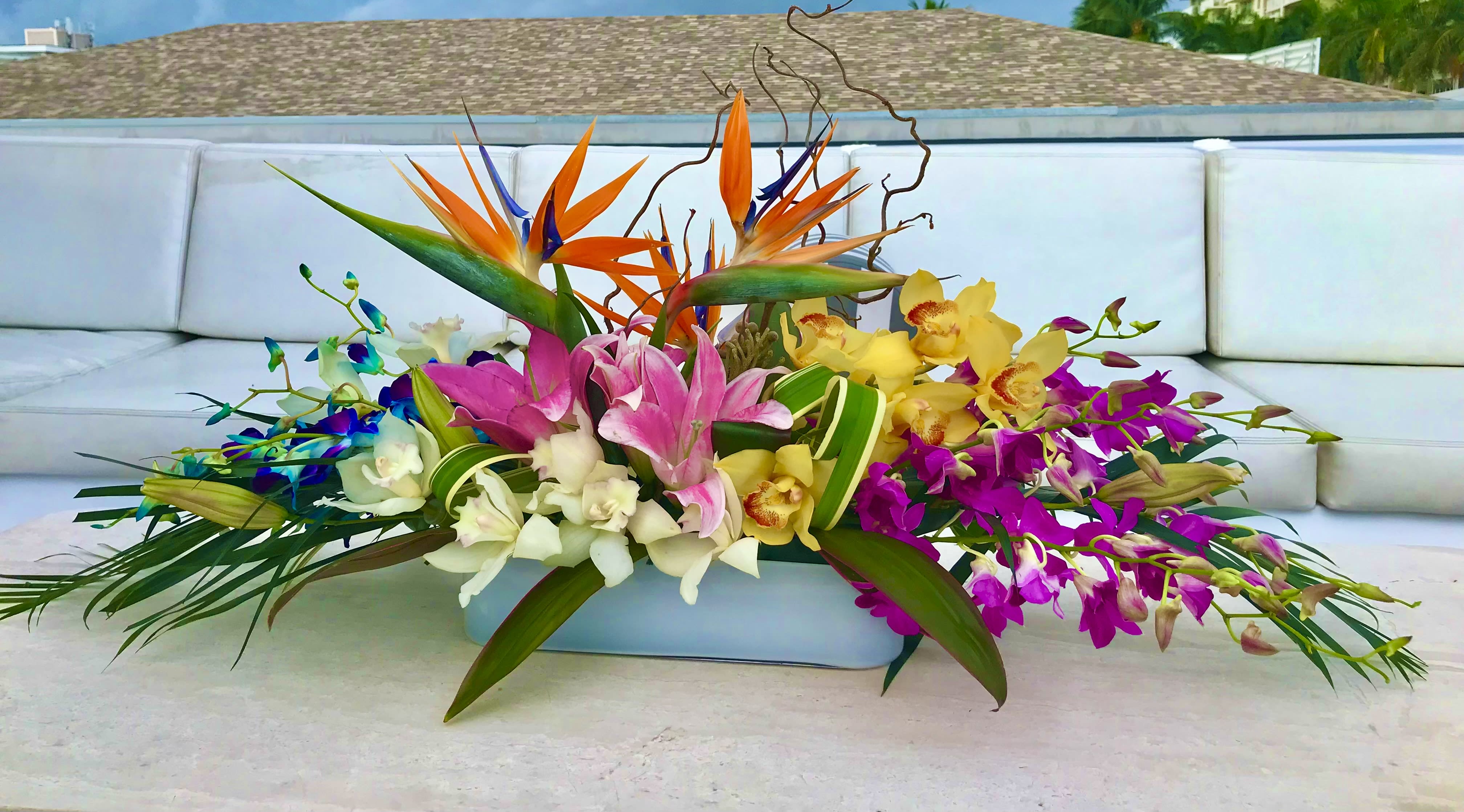 Tropical flower arrangement with bird of paradise and orchids in a low container