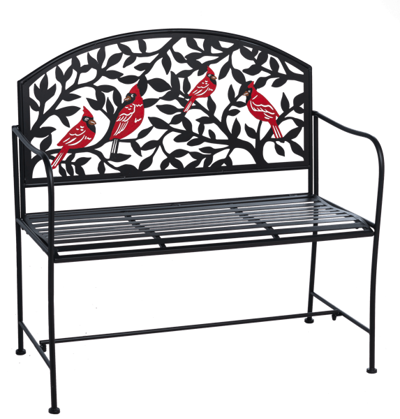 Black metal bench with red cardinal cutout backrest