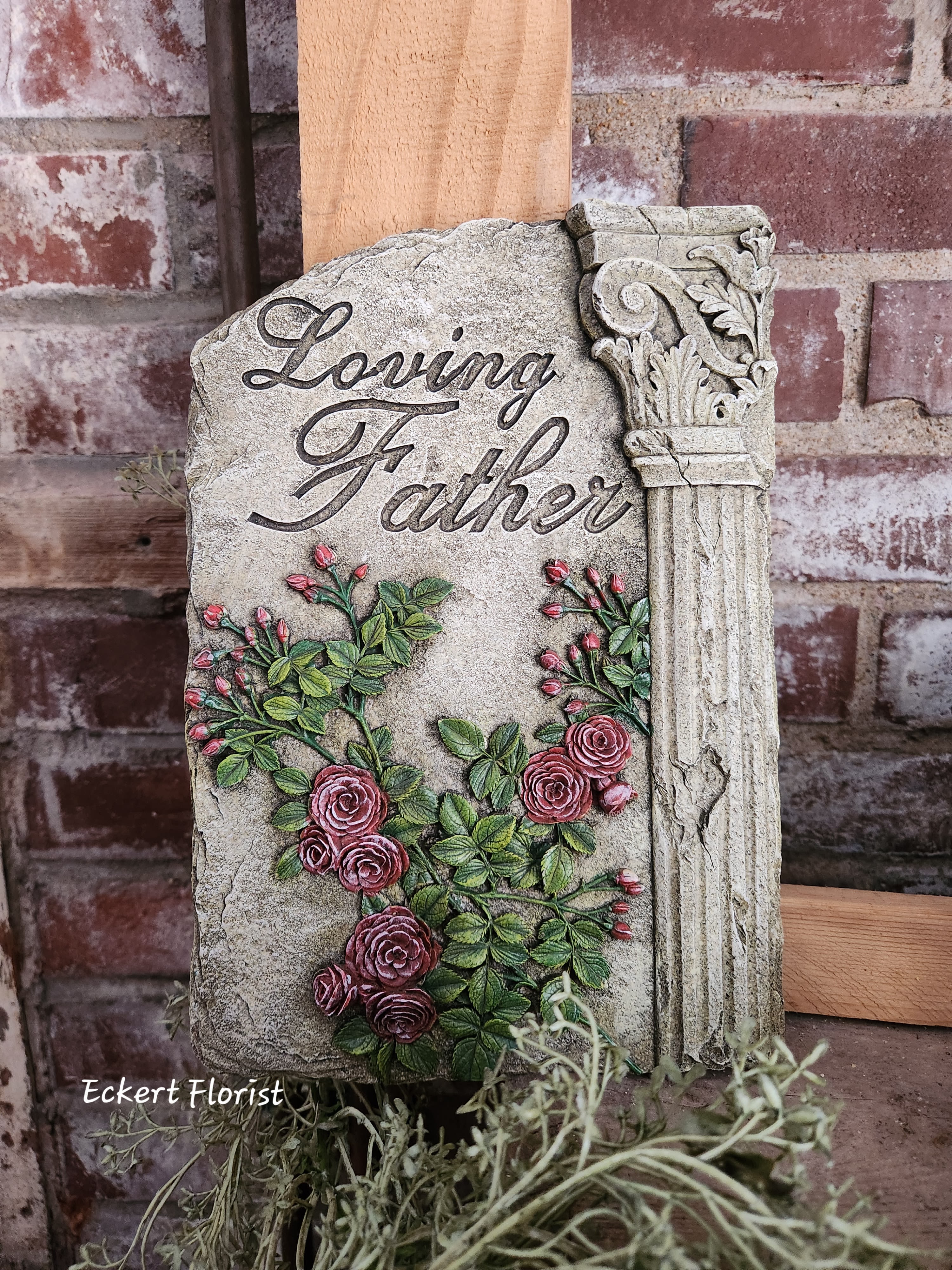 Eckert Florist's "Father" Memorial Stone  - Resin stone measures approx. 7.5" W X 10" H *May be added to a fresh arrangement or green plant. See Deluxe and/or Premium upgrades. *See Add-on Section for Display Easel
