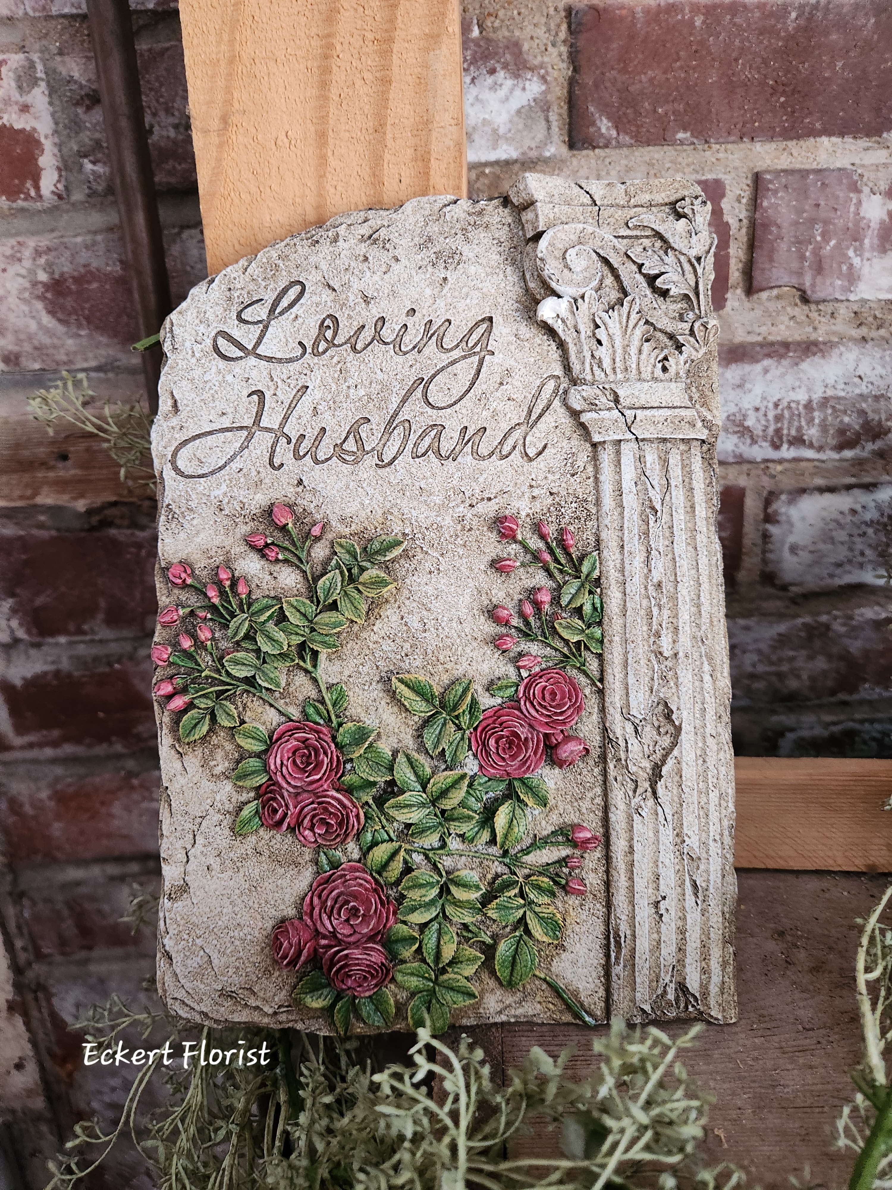 Eckert Florist's "Husband" Memorial Stone - Resin stone measures approx. 7.5" W X 10" H *May be added to a fresh arrangement or green plant. See Deluxe and/or Premium upgrades. *See Add-on Section for Display Easel
