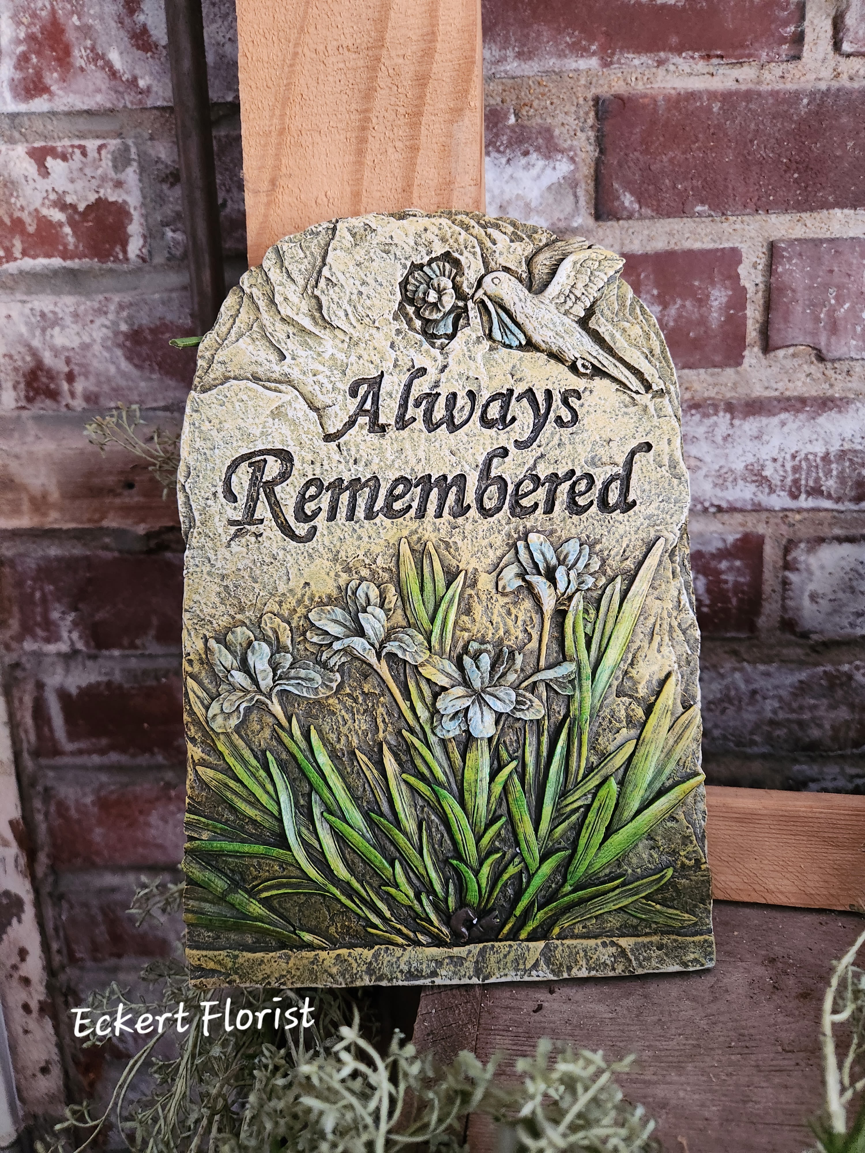 Eckert Florist's "Always Remembered" Memorial Stone - Resin stone measures approx. 7.5" W X 10" H *May be added to a fresh arrangement or green plant. See Deluxe and/or Premium upgrades. *See Add-on Section for Display Easel