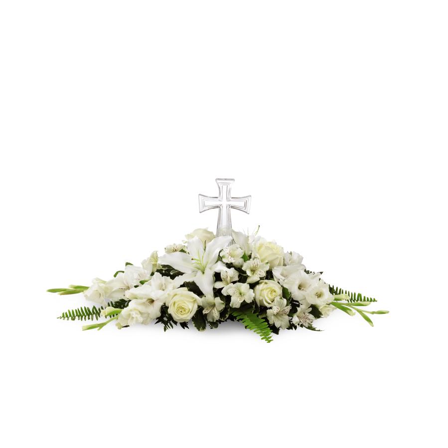 FTD Eternal Light Bouquet - The FTD Eternal Light Bouquet is an exquisite arrangement that will bring a luminous beauty to life's most precious moments. An exquisite cross is surrounded by white elegant flowers and lush greens to create a wonderful arrangement ideally suited for a communion, memorial service, or wedding.