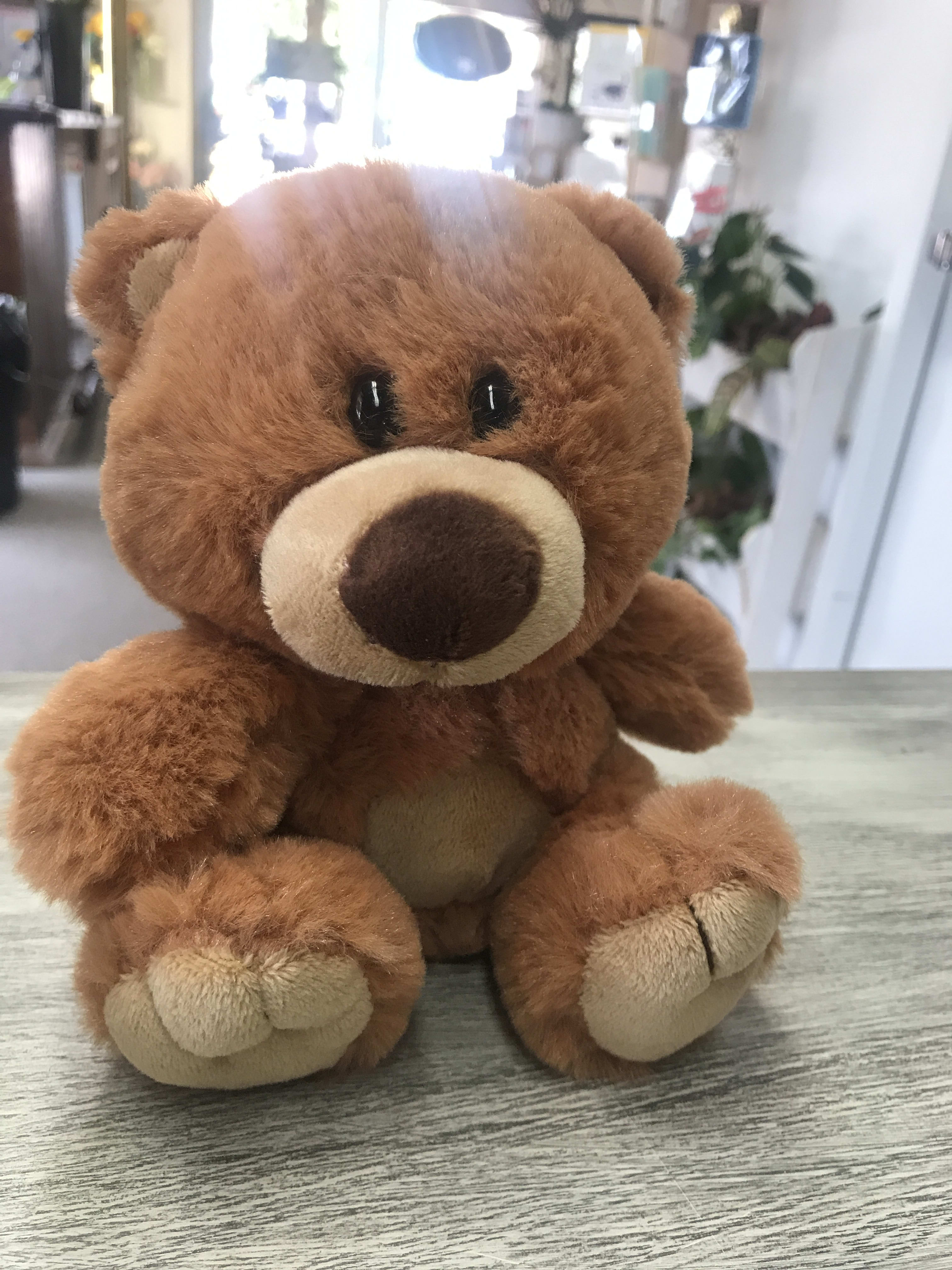 Brown plush teddy bear sitting on a tabletop