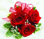 Three red roses with a pink ribbon bow