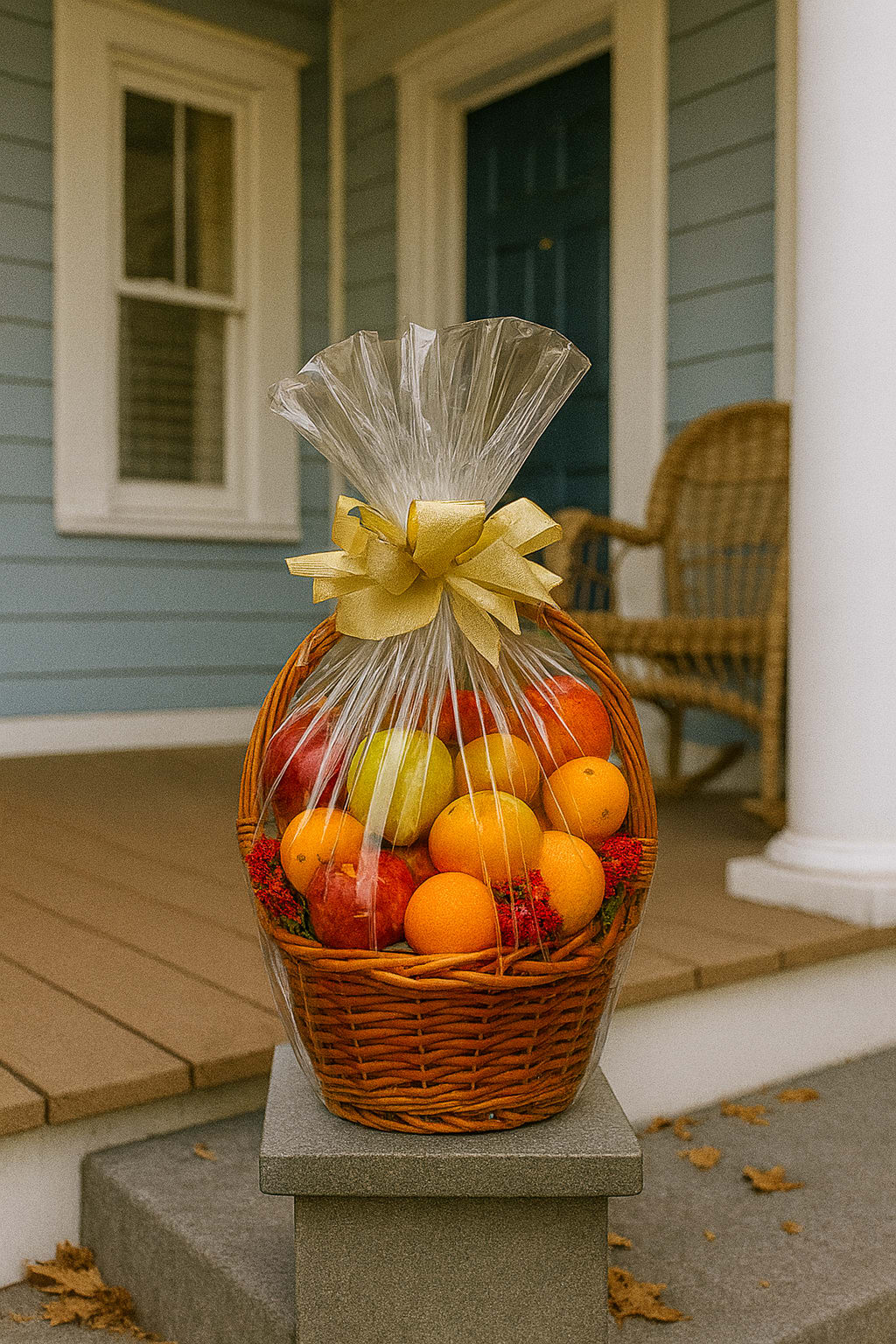 Basket of assorted fruit wrapped in clear cellophane with a gold bow