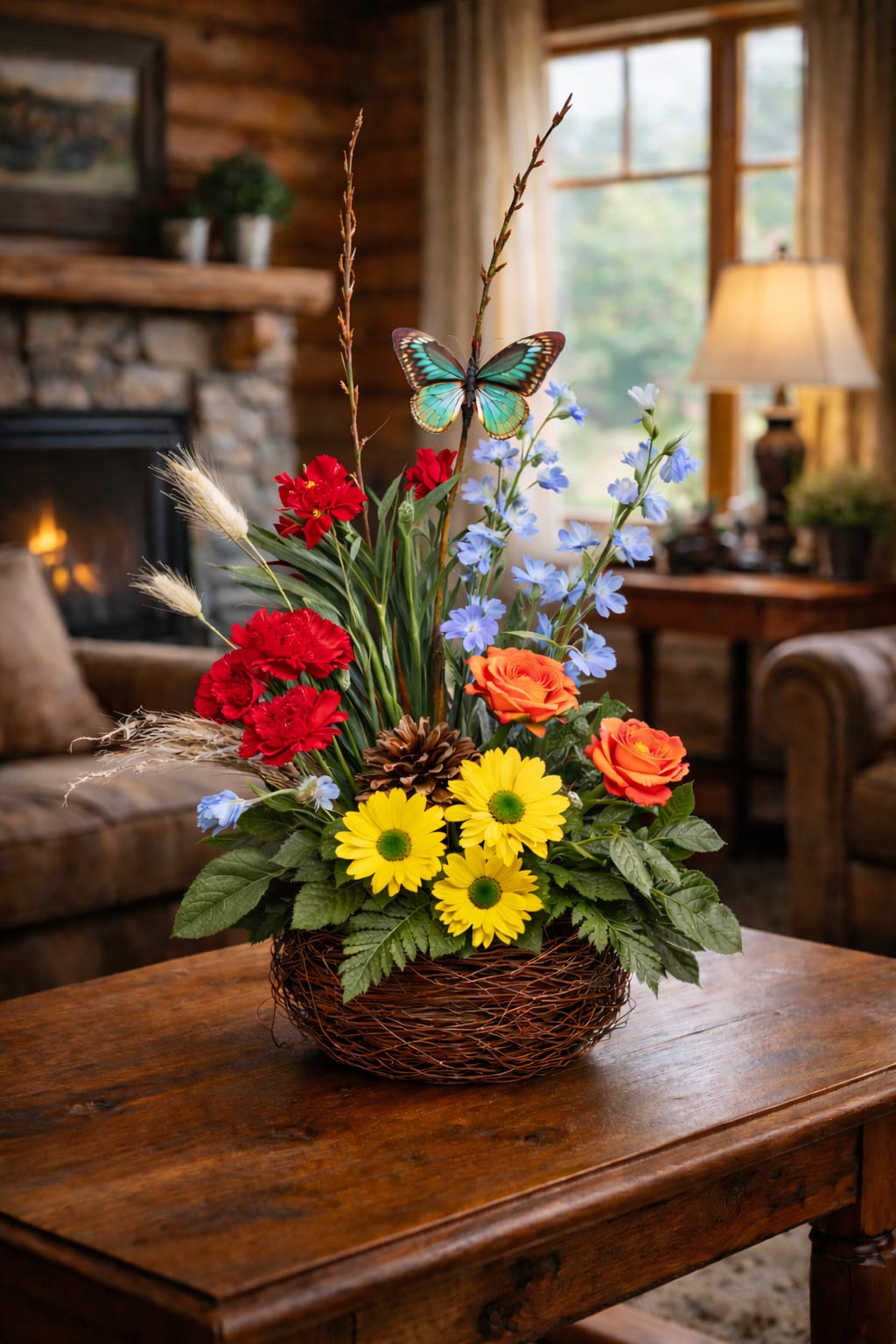 Basket arrangement with red, orange, yellow, and blue flowers and a butterfly pick