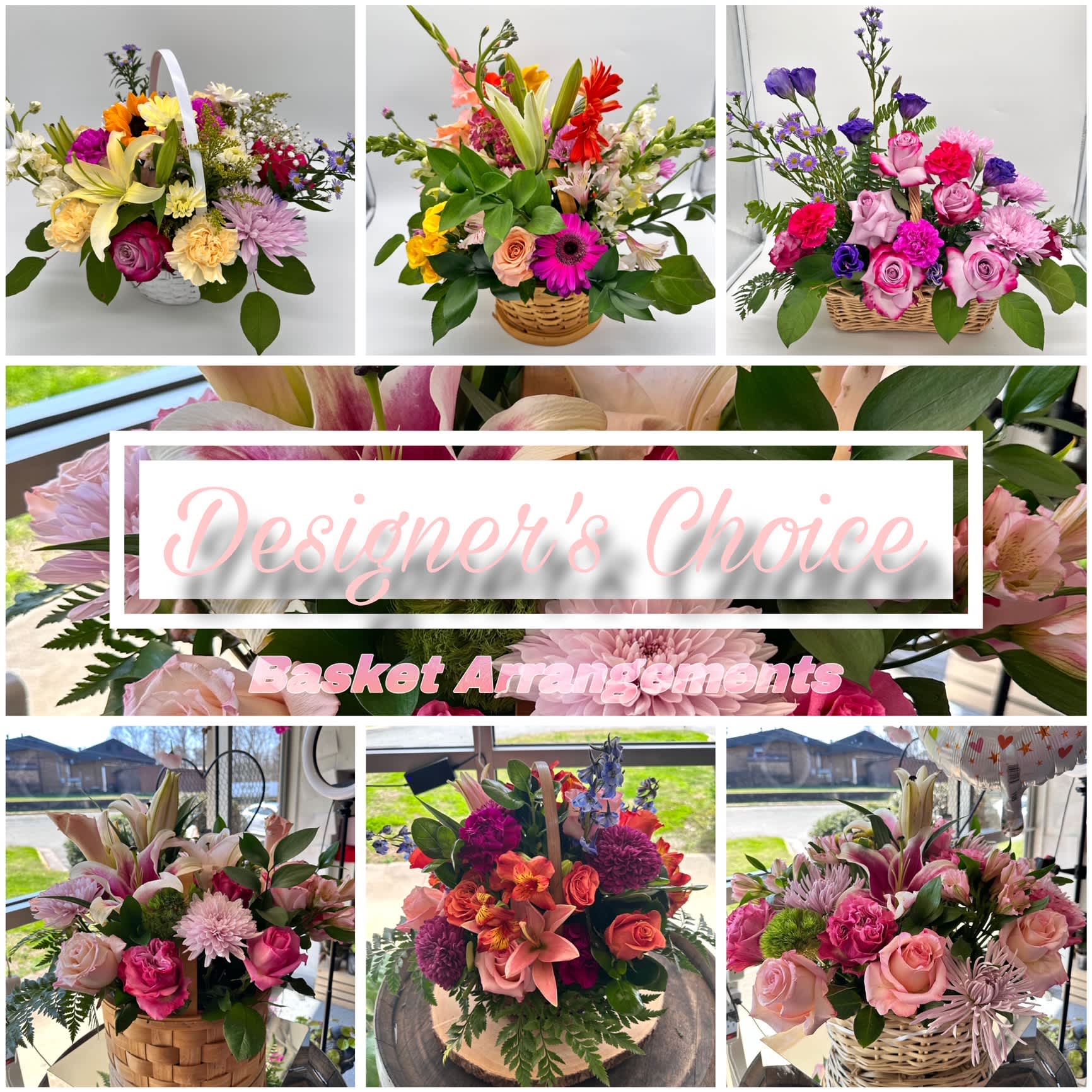 Collage of colorful mixed flower basket arrangements with a "Designer’s Choice" banner