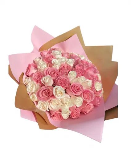 50 Pink and White Roses Bouquet - Hand-tied dome of pink and white roses (wrapped) - romantic, gift-ready bouquet of blush and cream blooms. Same Day delivery!