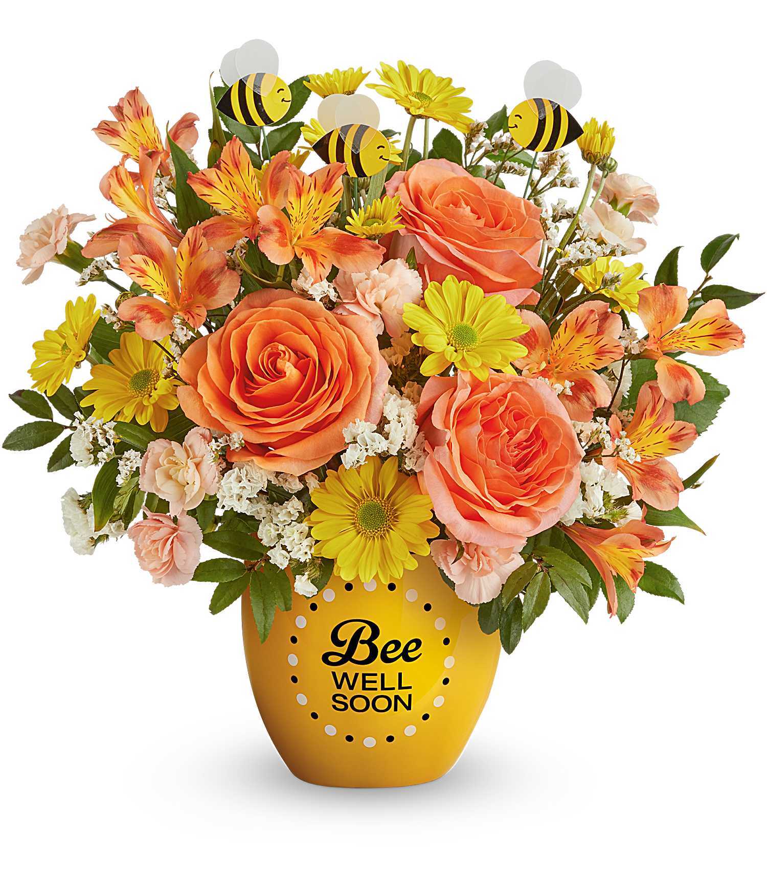 Be Well Bouquet - Rounded mix of orange roses, yellow daisies, peach alstroemeria and pale carnations in a yellow "Bee Well Soon" vase with bee picks.