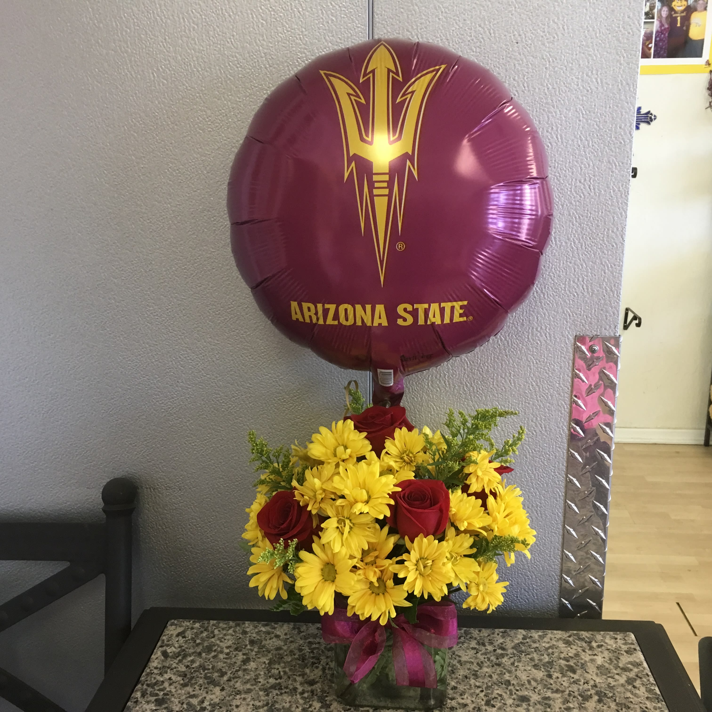 Devilish Pride &amp; ASU Balloon - Daisies, roses &amp; solidaster arranged in glass cube w/ ASU 18" mylar balloon included - Approx. Height 12"