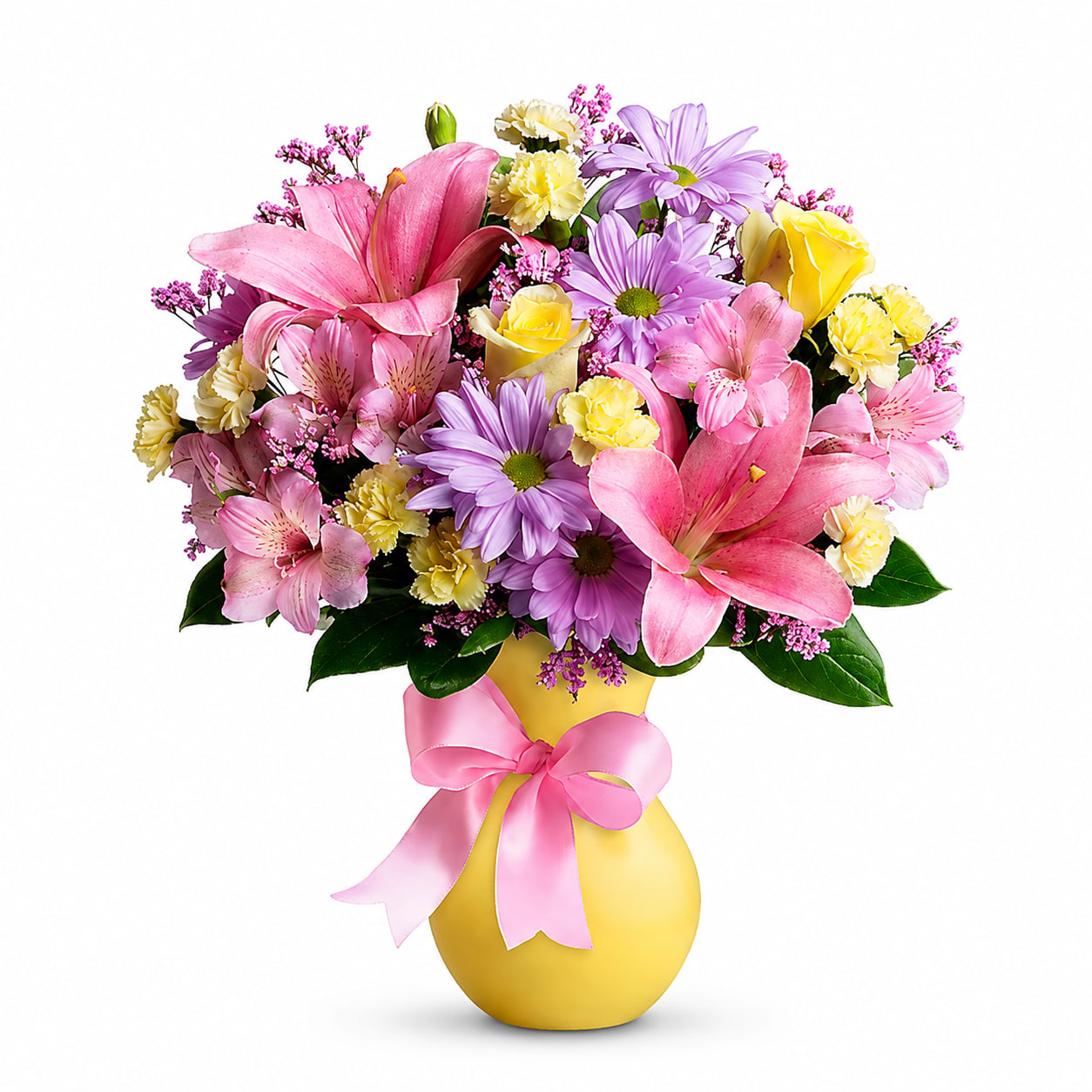 Bouquet of pink lilies, roses, and purple daisies in a yellow vase with a pink ribbon