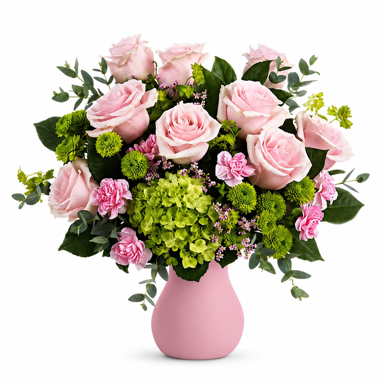Pink roses and green flowers arranged in a pink vase