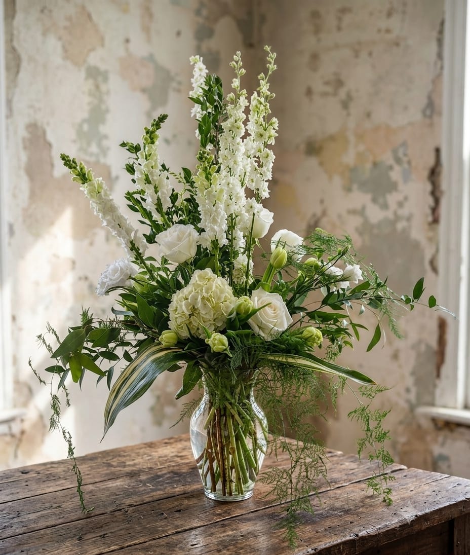 Timeless Sympathy Arrangement  - Timeless Sympathy Arrangement  A timeless expression of love, comfort, and remembrance. This elegant sympathy arrangement is thoughtfully designed with premium blooms including hydrangeas, snapdragons, roses, and tulips in a graceful all-white palette.  White flowers offer a sense of peace, grace, and heartfelt remembrance, making this arrangement a beautiful choice for a funeral service, celebration of life, or sending directly to a family’s home.  Each sympathy arrangement is custom-designed by Specialty Floral Design with carefully selected seasonal flowers. Because every arrangement is uniquely handcrafted, blooms may vary slightly based on availability while maintaining the elegant, sophisticated style of the design.  For those looking to send sympathy flowers in Olympia, WA, Specialty Floral Design provides thoughtful flower delivery throughout Olympia, Tumwater, Lacey, and surrounding areas. We are honored to help you share your love and support through flowers during life’s most meaningful moments.