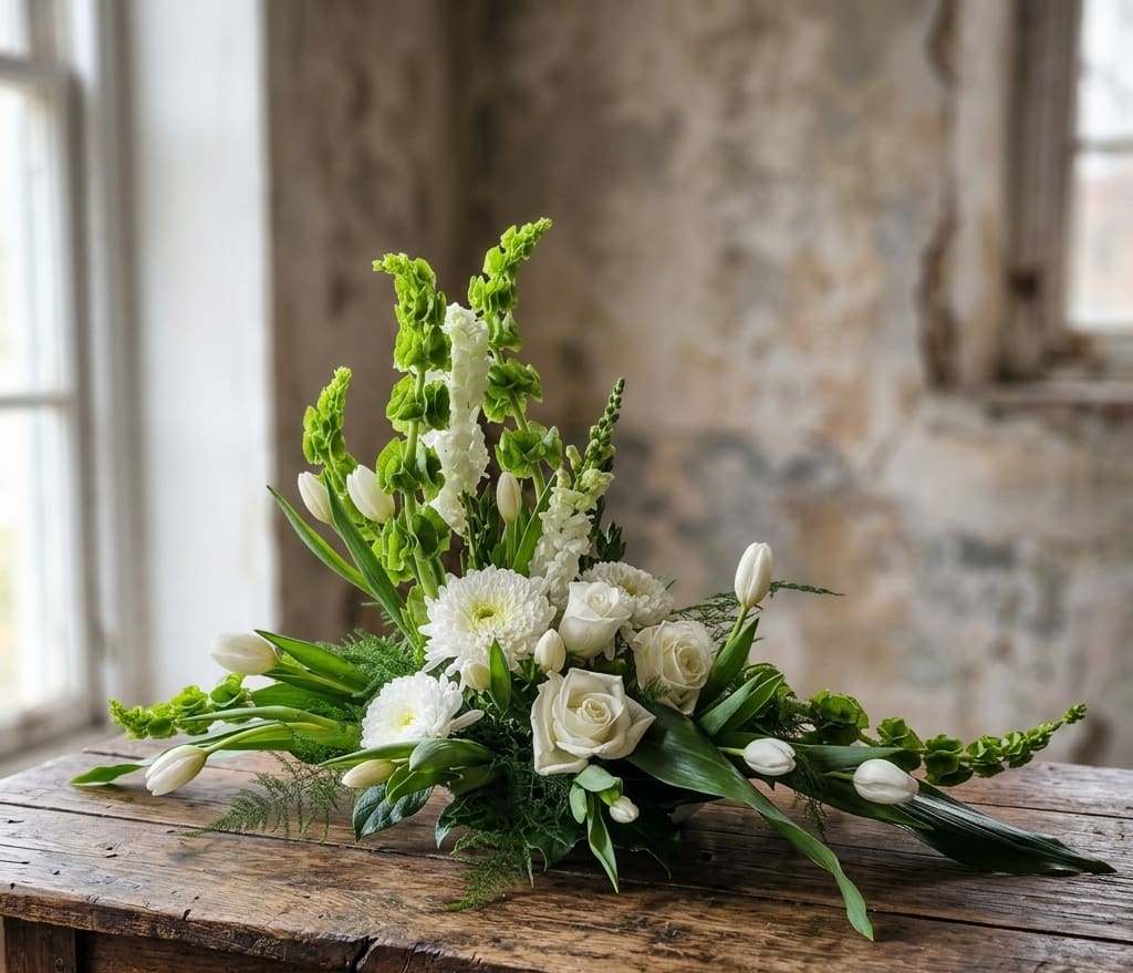 Serene Sympathy Arrangement - Serene Sympathy Arrangement  A serene expression of love, comfort, and remembrance. This elegant sympathy arrangement features beautiful white blooms including Bells of Ireland, tulips, roses, and cremones, thoughtfully designed to bring peace and beauty during a difficult time.  The soft, timeless look of this arrangement makes it a meaningful choice for a funeral service, celebration of life, or to send directly to a family’s home. White flowers offer a graceful way to share your condolences and let someone know they are in your thoughts.  Each sympathy arrangement is custom-designed by Specialty Floral Design with fresh, seasonal flowers carefully selected for quality and beauty. Because every arrangement is uniquely handcrafted, flowers may vary slightly based on availability while maintaining the elegant style and feel of the design.  Specialty Floral Design provides sympathy flower delivery throughout Olympia, Tumwater, Lacey, and surrounding areas. We deliver thoughtful floral tributes to local funeral homes, churches, celebration of life venues, and family homes when you want to show your love and support through flowers.