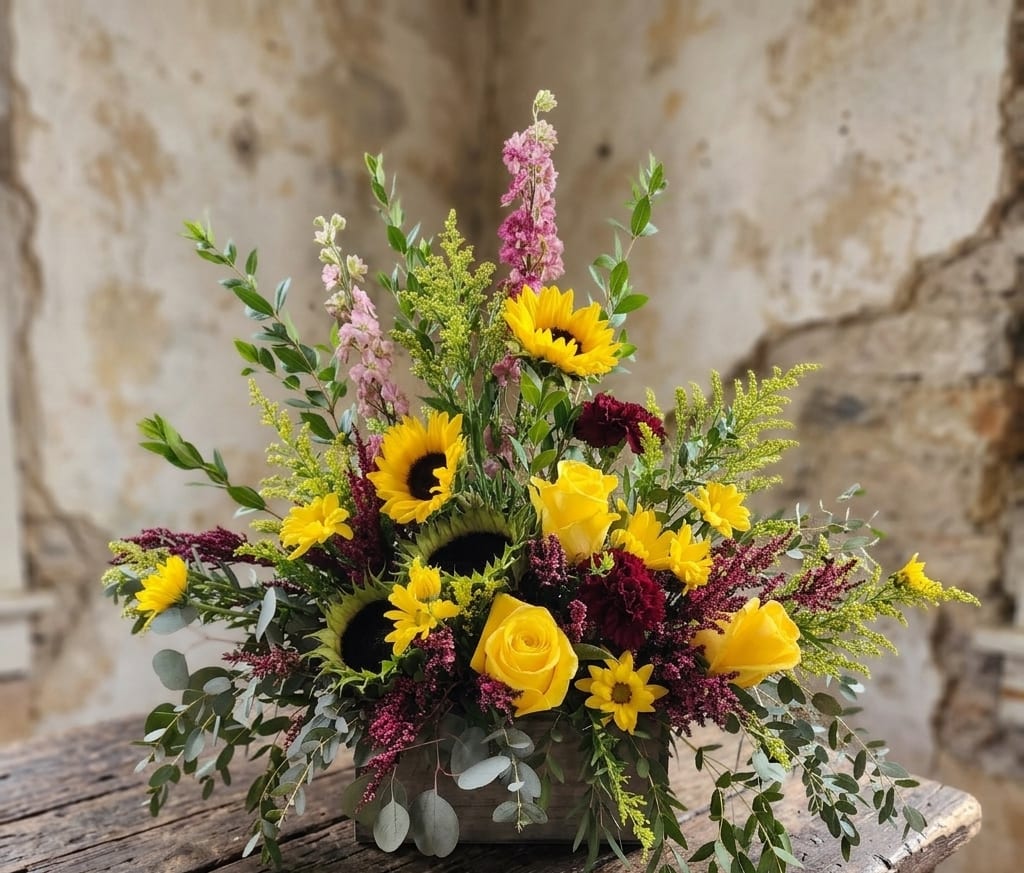 Mixed bouquet with yellow sunflowers and roses in a low container