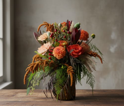 Autumn bouquet with orange and peach flowers in a glass vase