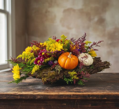 Fall floral arrangement with pumpkins on a bark base