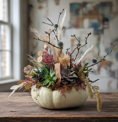 Succulents and dried grasses arranged in a white pumpkin container