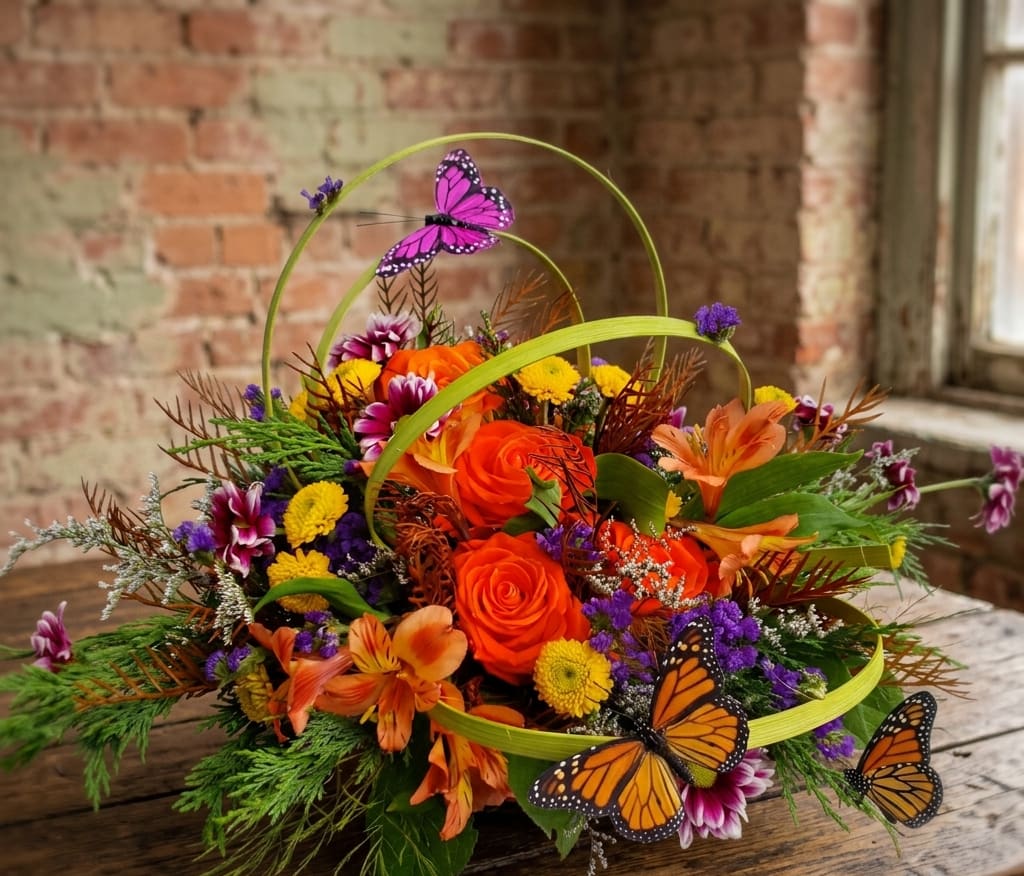 Orange and purple floral arrangement with butterfly decorations in a low container