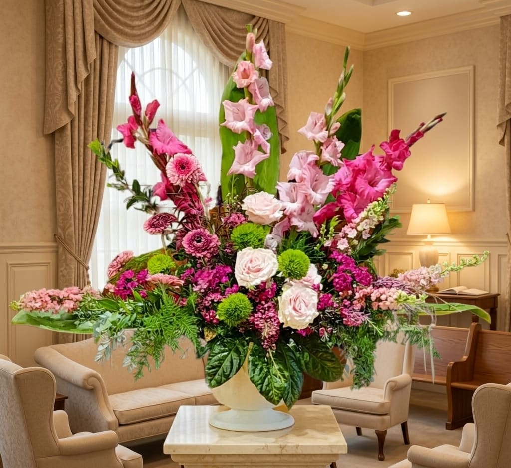 Heartfelt Altar Arrangement - Heartfelt Altar Arrangement – Funeral Flowers in Lacey, WA  The Heartfelt Altar Arrangement from Specialty Floral Design provides a gentle touch of beauty and comfort during a time of deep sorrow. Designed to honor a loved one, this elegant altar piece features gladiolus, gerbera daisies, roses, dianthus, and tropical greenery, creating a serene and peaceful focal point at the altar. Its graceful blend of blooms symbolizes love, remembrance, and support for family and friends.  Perfect for display in a church or funeral home, the arrangement brings warmth, natural elegance, and a meaningful tribute to any service. Each piece is handcrafted by Specialty Floral Design, your local florist in Olympia, WA, to reflect the unique life and spirit of your loved one.  We offer timely funeral flower delivery in Olympia, Lacey, Tumwater, and surrounding areas, including Mills &amp; Mills Funeral Home, Woodlawn Funeral Home, and Funeral Alternatives. Specialty Floral Design is committed to providing compassionate, professional service during this difficult time.  Let the Heartfelt Altar Arrangement honor your loved one with thoughtful, handcrafted flowers that convey care, respect, and lasting memories.   