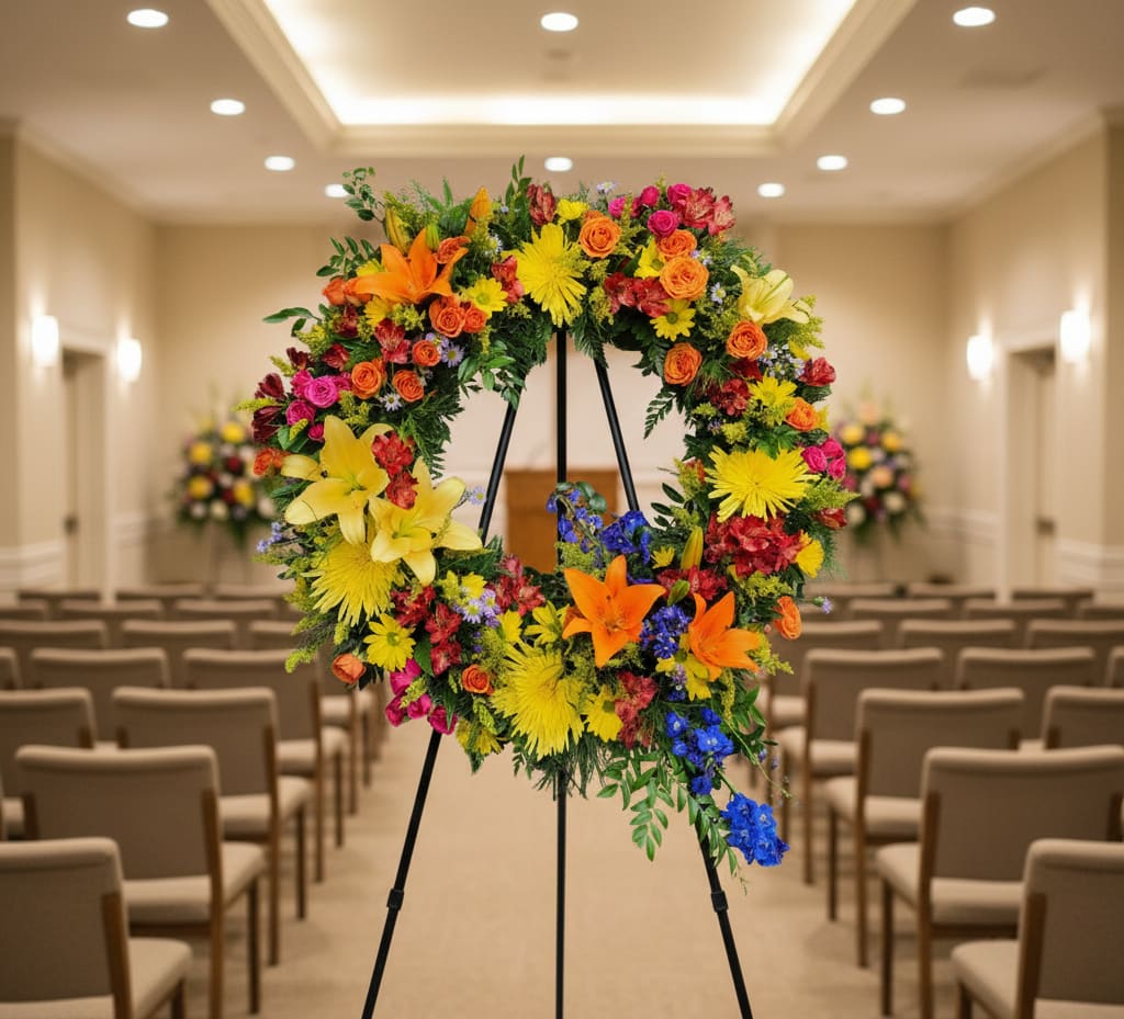 Celebration of Life Sympathy Wreath - Celebrate the life of a loved one with our Celebration of Life Sympathy Wreath, a heartfelt and vibrant floral arrangement designed to honor a life well-lived. Handcrafted by Specialty Floral Design, a trusted Olympia florist, this wreath features lilies, spray roses, alstroemeria, belladonna, and other seasonal blooms in cheerful, uplifting colors, reflecting love, joy, and cherished memories.  If you are searching for funeral flowers in Olympia, WA, sympathy wreaths Olympia, or funeral flower delivery Lacey, WA, this arrangement is a meaningful and beautiful choice. It honors your loved one’s personality while bringing comfort to those in mourning.  We proudly provide funeral flower delivery to Olympia, Tumwater, Lacey, and surrounding Thurston County, WA, including local funeral homes and churches such as:  Mills &amp; Mills Funeral Home, Tumwater, WA Woodlawn Funeral Home, Olympia, WA Alternatives Funeral &amp; Cremation Services, Olympia, WA  Each wreath is handcrafted with care, ensuring your flowers arrive fresh, beautifully arranged, and ready to serve as a meaningful tribute. Celebrate life, love, and memories with this vibrant expression of remembrance.      