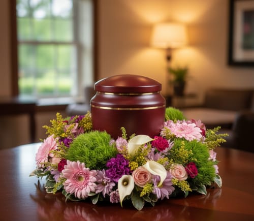 Circle of Remembrance Urn Flowers - Celebrate and honor a loved one with the Circle of Remembrance Urn Flowers, a thoughtfully designed sympathy arrangement meant to surround an urn with elegance and compassion. Handcrafted by Specialty Floral Design, a trusted Olympia florist, this arrangement features green dianthus, calla lilies, pink gerbera daisies, peach roses, and other seasonal flowers, creating a comforting and meaningful tribute.  If you are searching for urn flowers in Olympia, WA, sympathy flowers in Lacey, WA, or funeral flower delivery in Tumwater, WA, this arrangement provides a beautiful and personal way to honor a life well-lived. Each design is carefully arranged to bring peace and solace to families during memorials, funerals, or celebrations of life.  We offer funeral and memorial flower delivery to Olympia, Lacey, Tumwater, and surrounding areas, including local funeral homes and venues such as:  Mills &amp; Mills Funeral Home, Tumwater, WA Funeral Alternatives, Tumwater, WA Woodlawn Funeral Home, Lacey, WA  For custom requests, substitutions, or to place your order, call us directly at 360-688-6608. Each arrangement is handcrafted with care, providing families with a meaningful way to honor and remember their loved one.  Please note: Flower types and colors may vary depending on seasonal availability while maintaining the overall style and feel of the arrangement.  
