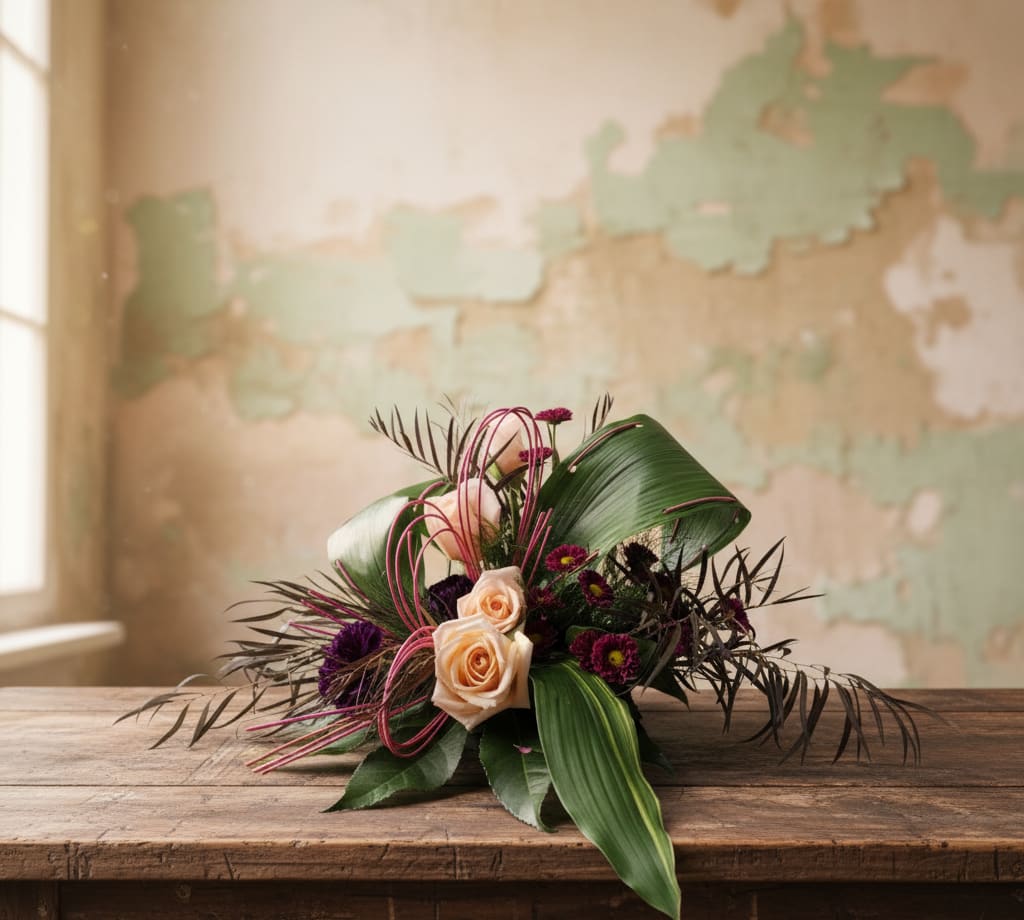 Low arrangement of peach roses and dark purple blooms framed by large green leaves on a rustic wooden table