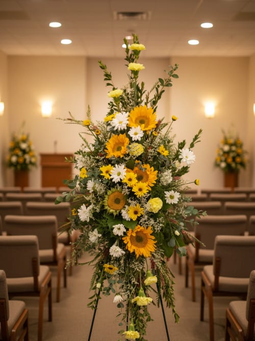 Tall standing spray of yellow sunflowers, white daisies, and yellow carnations on an easel in a chapel.