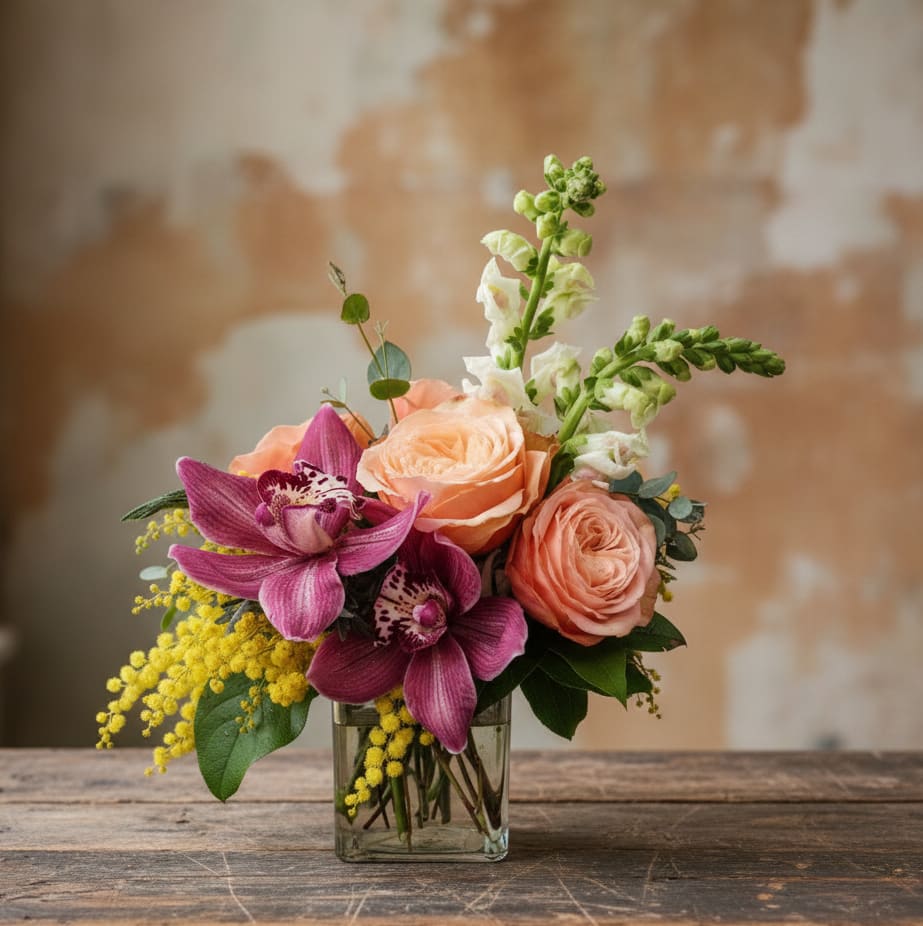 Peach roses, purple orchids, yellow accents, and white snapdragons in a clear glass cube vase