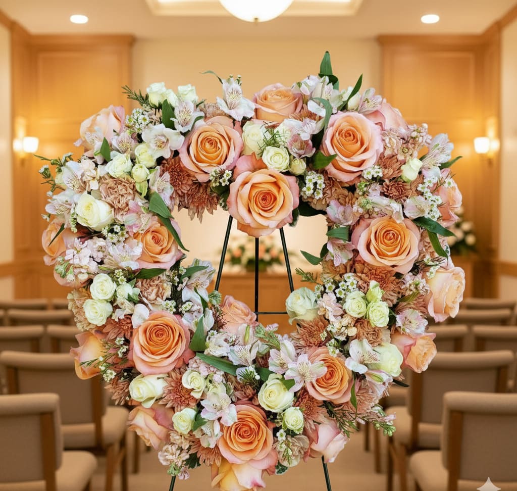 Heart-shaped wreath of peach and cream roses and mixed flowers on a standing easel in a chapel