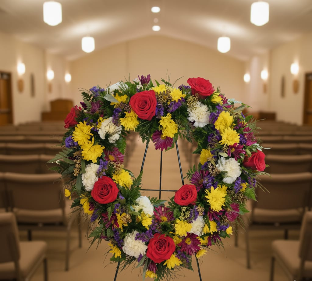 Standing wreath of red roses, yellow mums, and white flowers on an easel in a chapel.