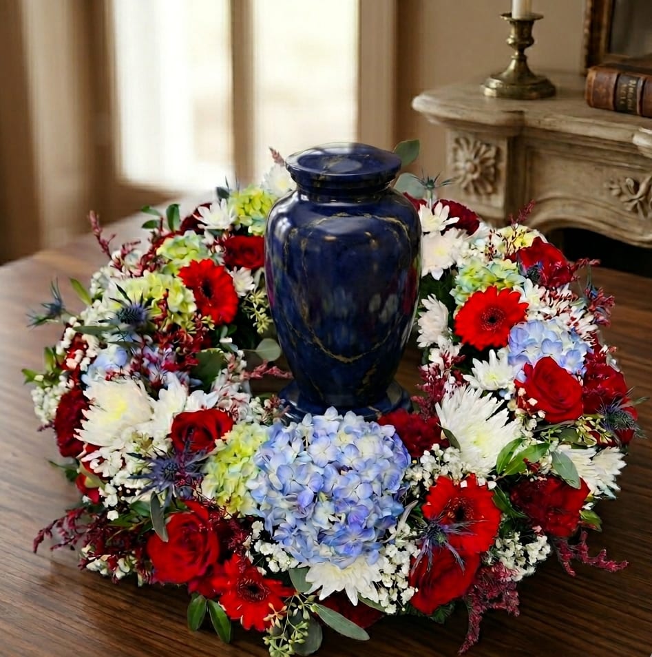 Floral wreath around a blue urn on a wooden table