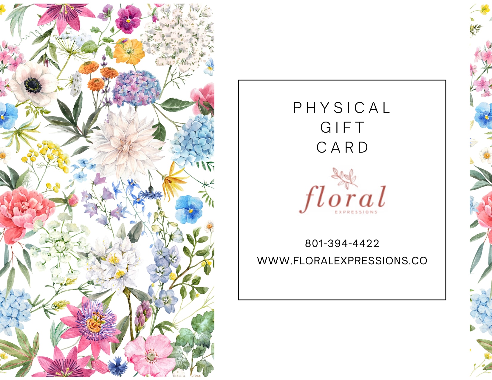Floral gift card with watercolor flowers around a white center panel