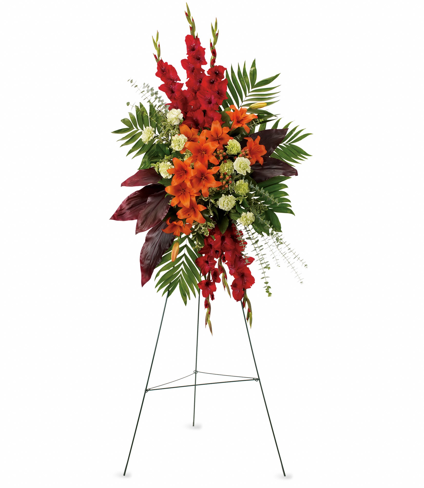 A New Sunrise Spray - When a loved one has passed, this radiant spray of red and orange flowers will be a reminder of happy times past that will never be forgotten. T271-2A 