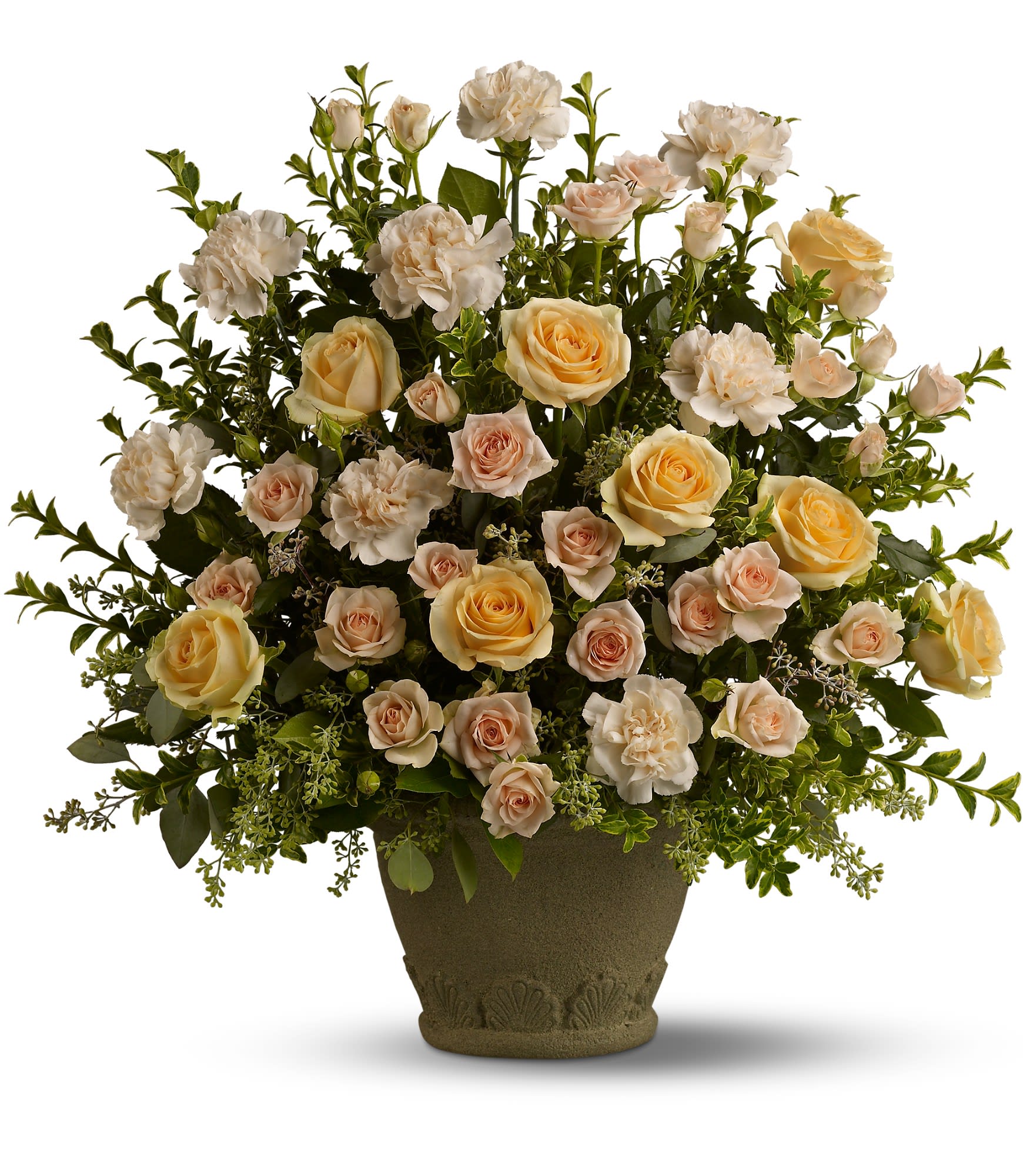 Rose Remembrance - To create a truly stunning tribute, choose a magnificent, fragrant display of peach roses, spray roses and carnations - accented with greenery, and displayed in a classic Grecian Garden urn. A gracious mark of respect for a life well lived.  As pictured, this arrangement is more appropriate for funerary services. If you wish to send this item to a residence or a business, we will arrange the same flowers in a glass vase in place of the pictured container. T221-2A 