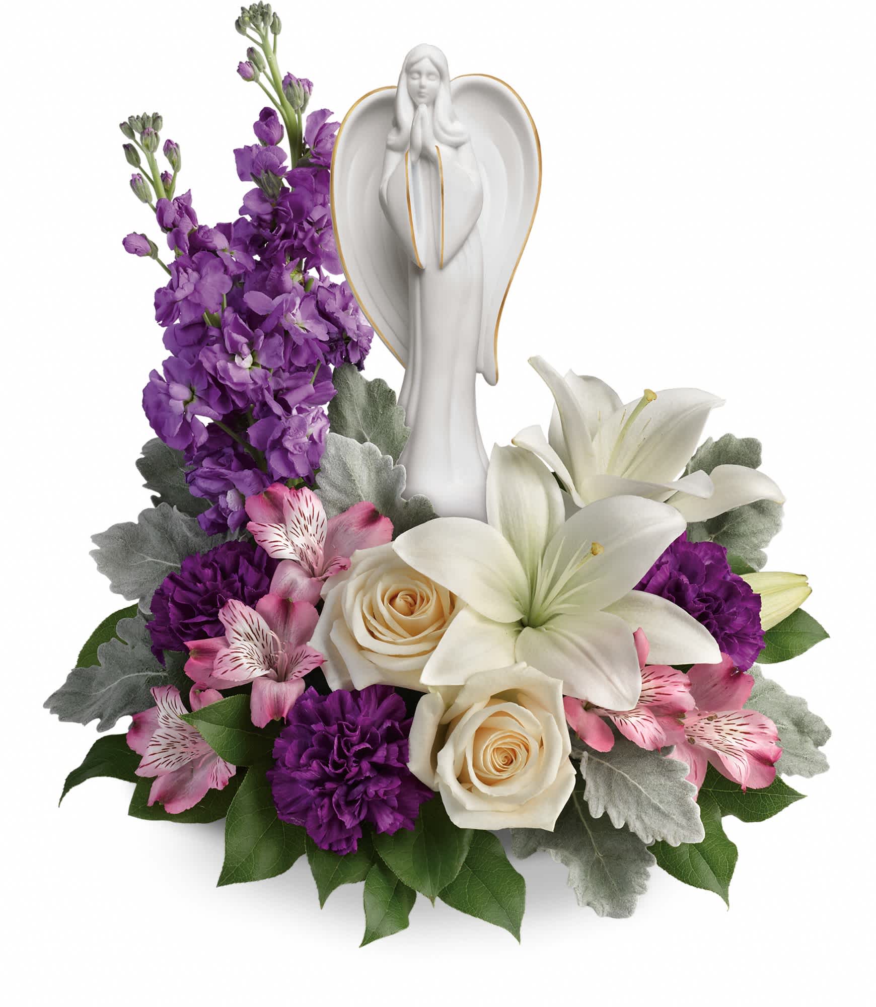 White angel figurine surrounded by purple, pink, and white flowers