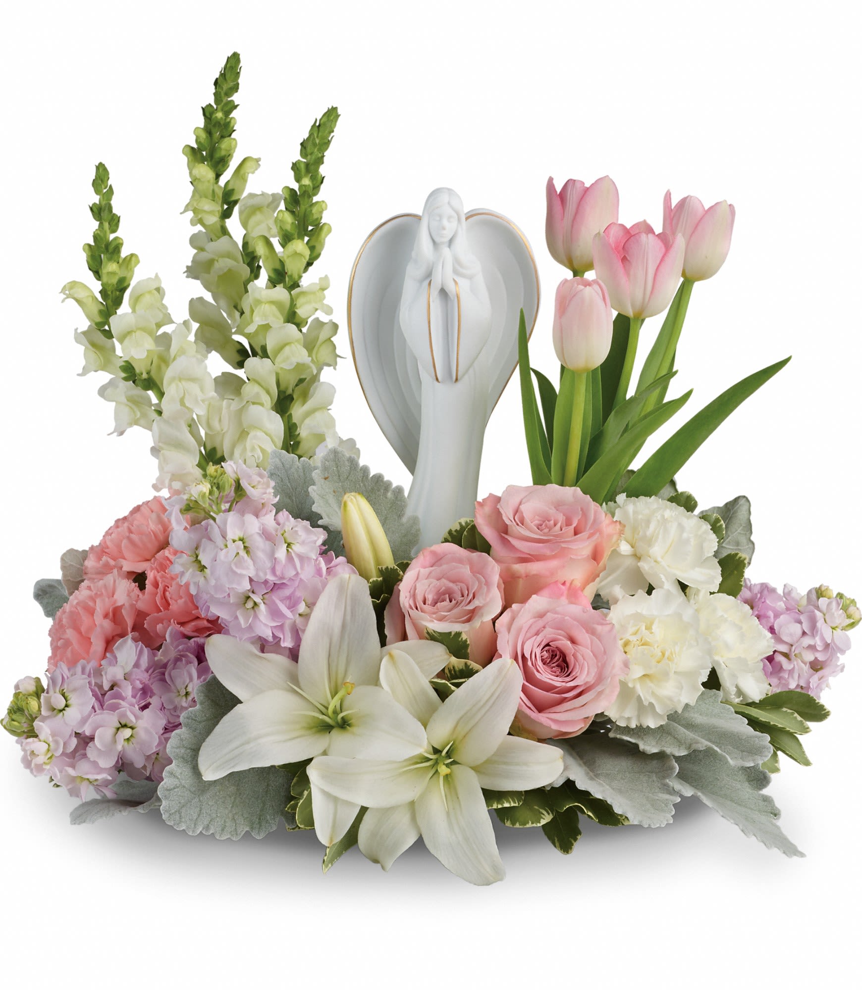 Garden Of Hope  - Show them you care with this gorgeous display of roses, lilies and tulips, gracefully surrounding a timeless angel sculpture keepsake. Beautifully fragrant, it's a hopeful tribute that will warm their hearts forever. This lovely arrangement of light pink roses, light pink tulips, white asiatic lilies, light pink carnations, white carnations, white snapdragons and light pink stock is accented with dusty miller and variegated pittosporum. Delivered with Teleflora's Angel of Grace keepsake. Approximately 18" W x 16 1/2" H 
