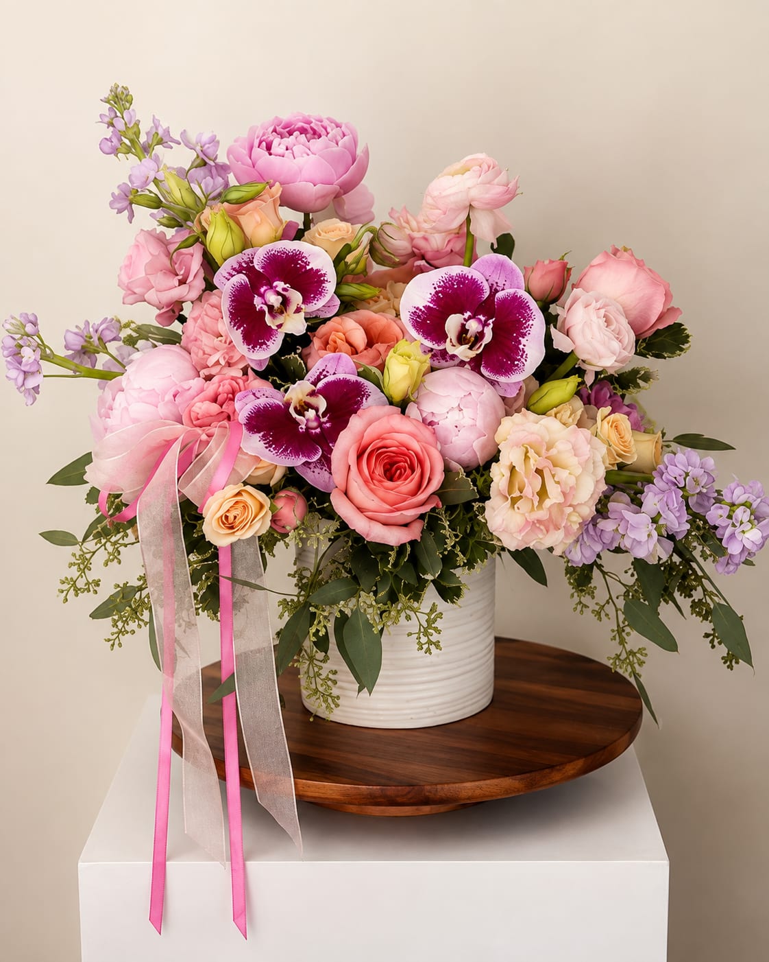 Pink and lavender floral arrangement in a white vase with ribbon