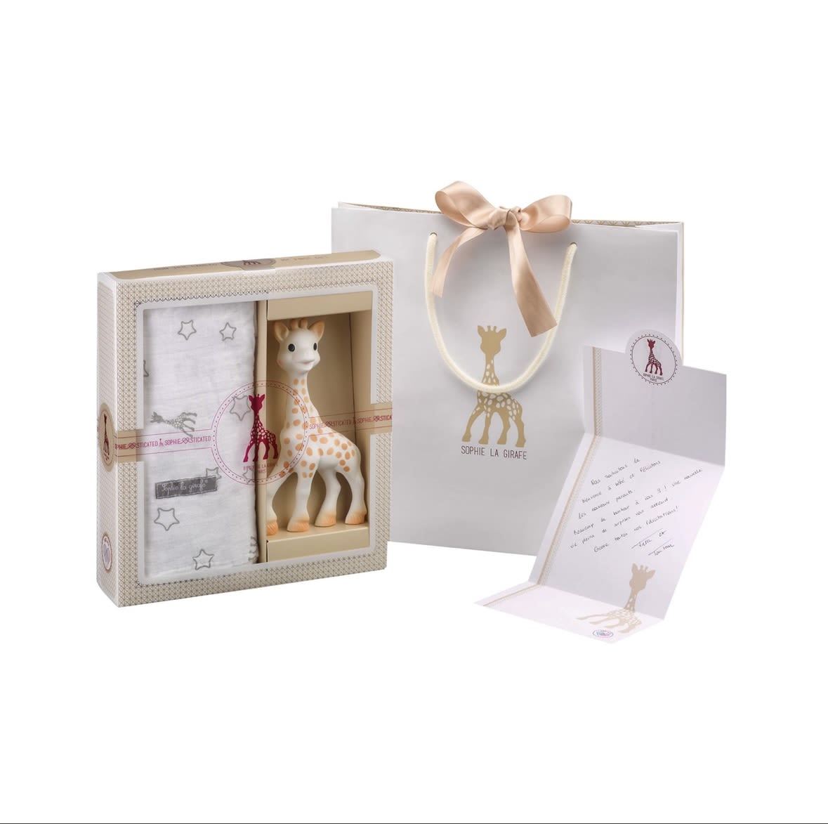 Gift set with a plush giraffe toy, blanket, and matching bag