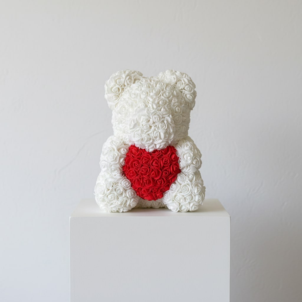 White rose teddy bear with a red heart on its chest
