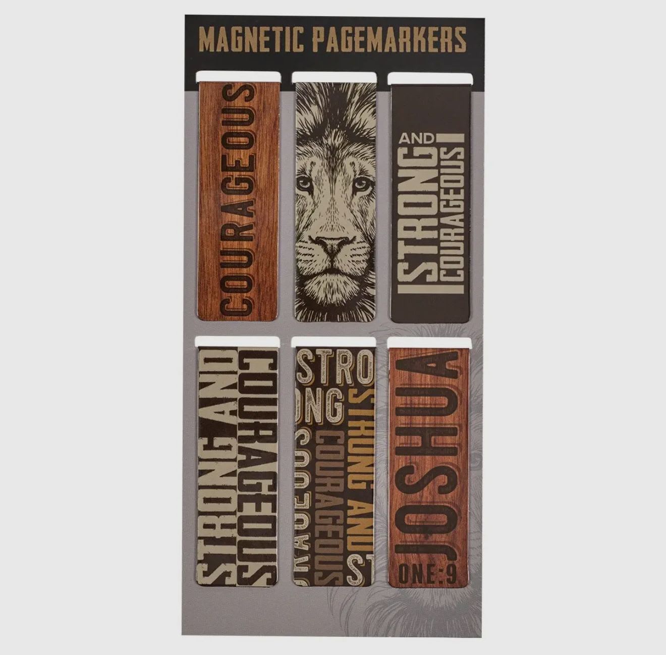 Pack of magnetic page markers with lion-themed designs and bold text