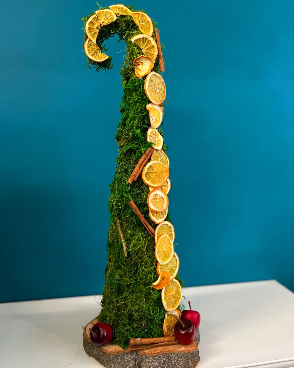 Moss-covered cone decorated with dried citrus slices and cinnamon sticks