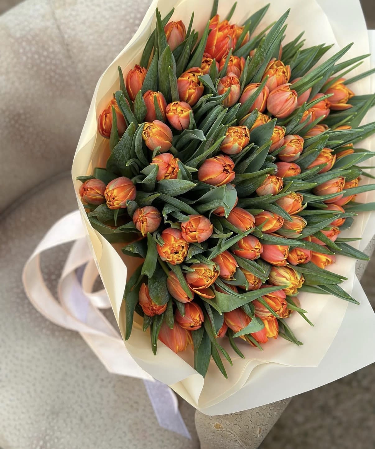 Bouquet of orange tulips wrapped in cream paper