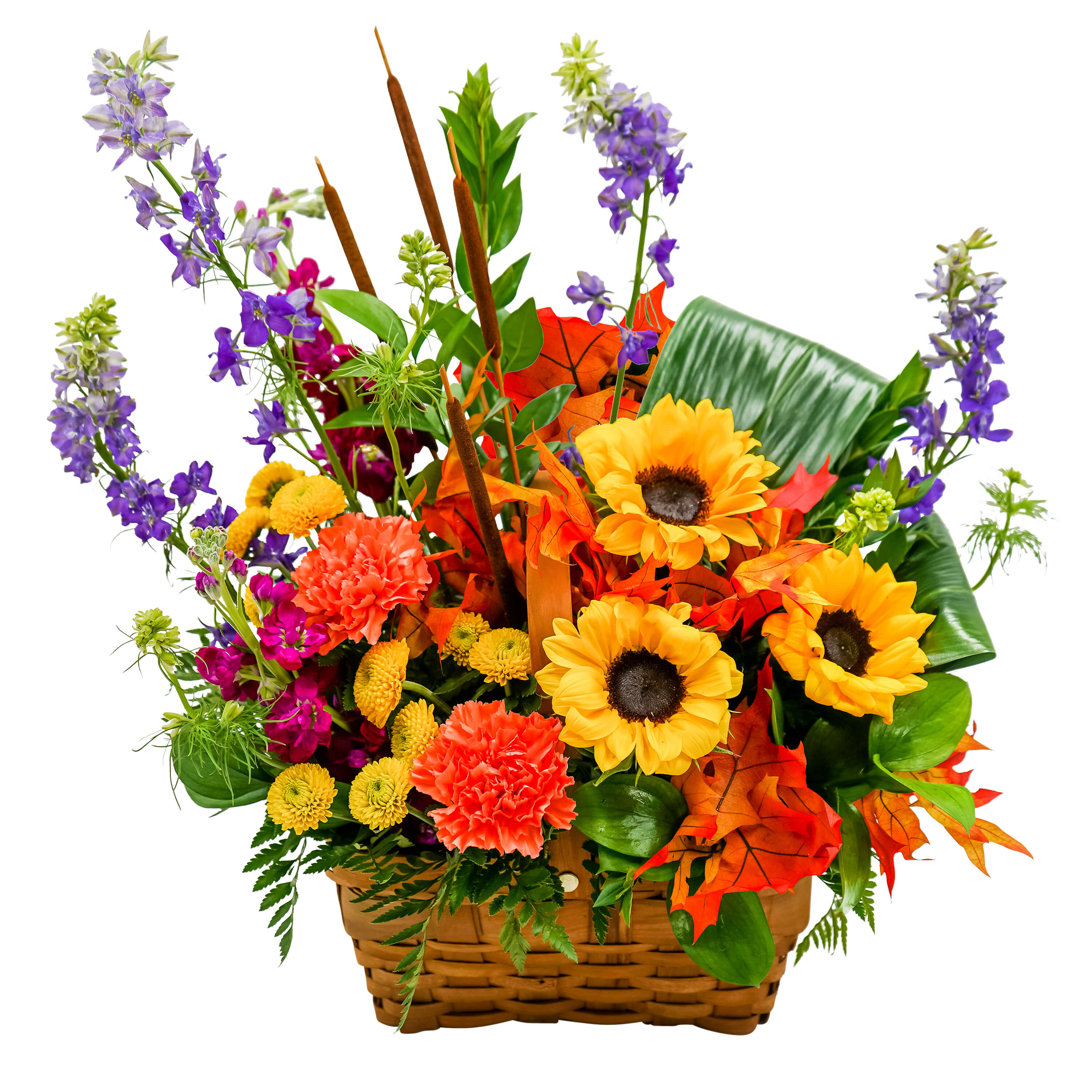 Sunny Harvest Basket - TMF-1584 - Filled with sunshine. Our Sunny Harvest Basket is filled with the colors of the harvest. Deep orange and sunny yellow flowers like sunflowers and carnations brighten this wicker basket.  Approximately 20"W X 20"H