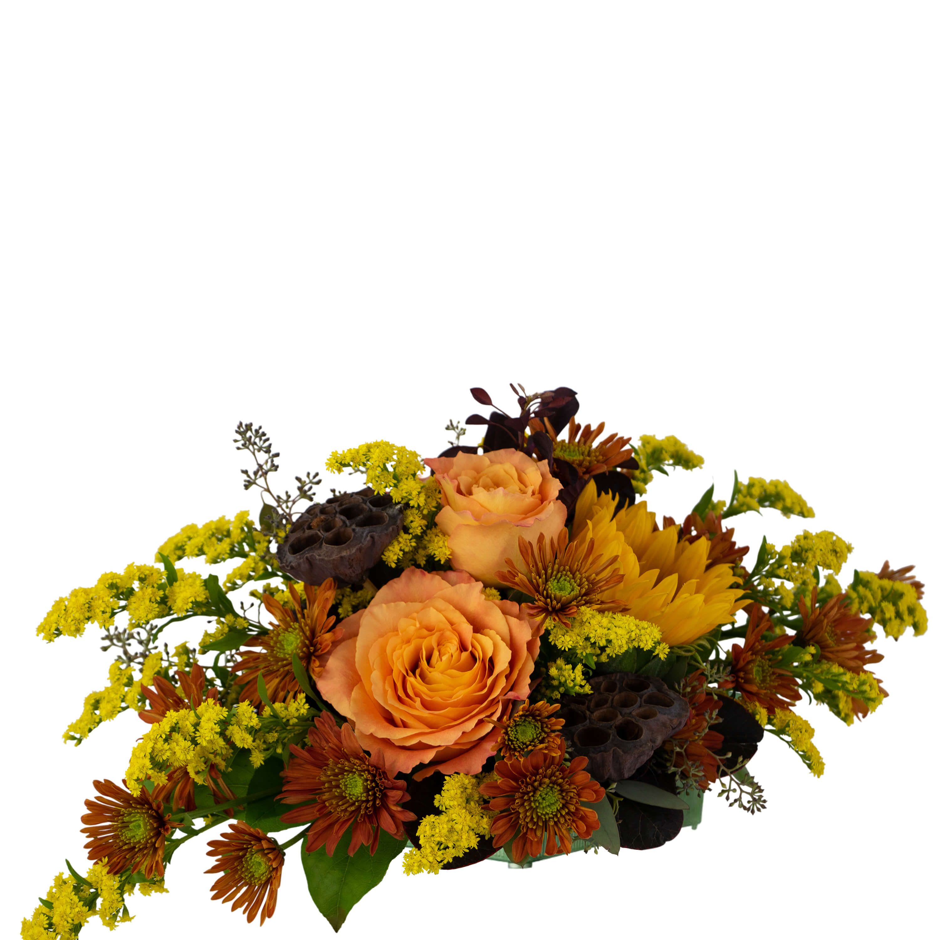Orange roses and yellow chrysanthemums in a low arrangement