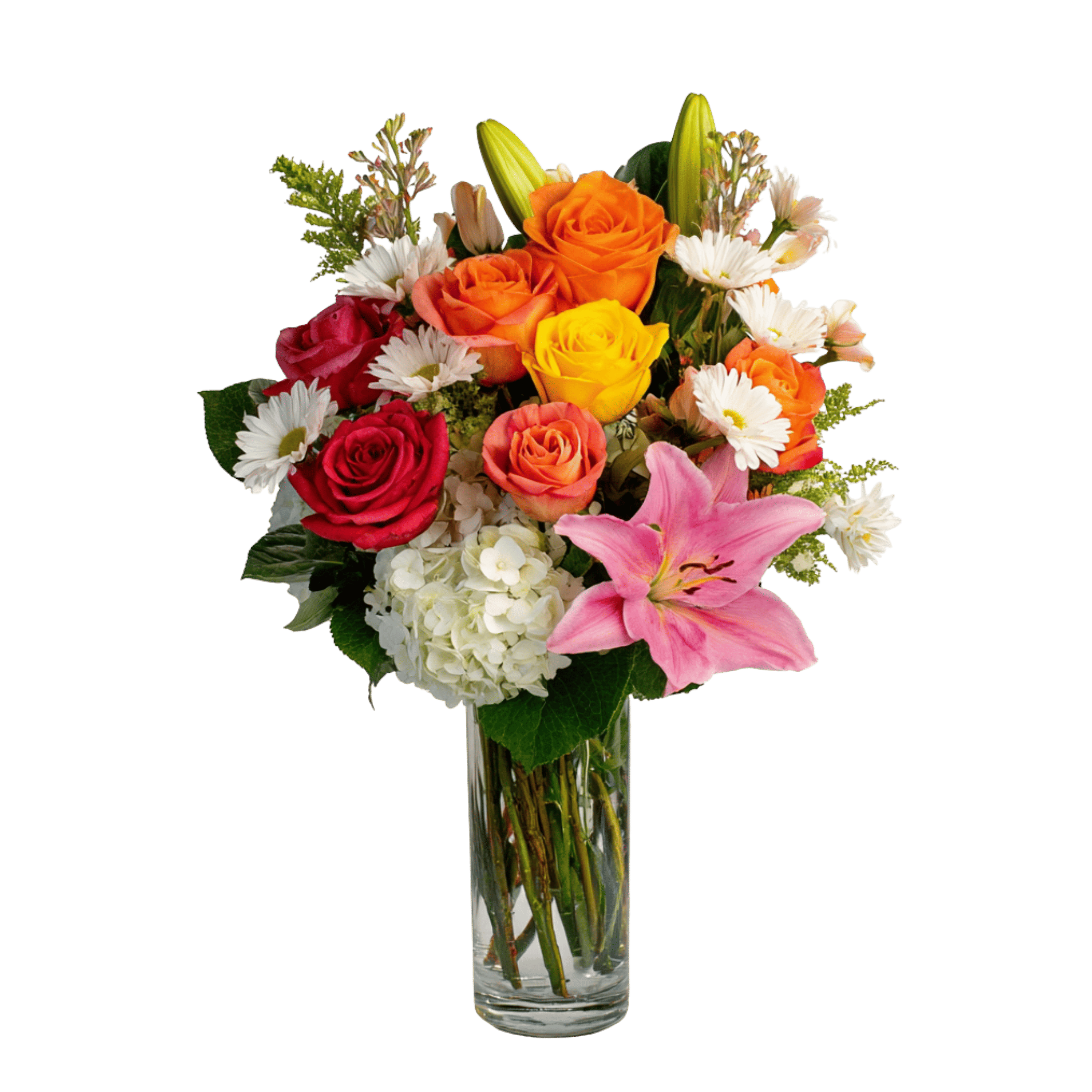 Heartfelt Horizon - Radiating the warmth of a heartfelt sunrise, this spirited Valentine’s bouquet is filled with joyful orange, red, and yellow roses, playful daisies, and a striking pink lily. Designed in a tall, elegant vase, it’s a bright and modern twist on classic romance.